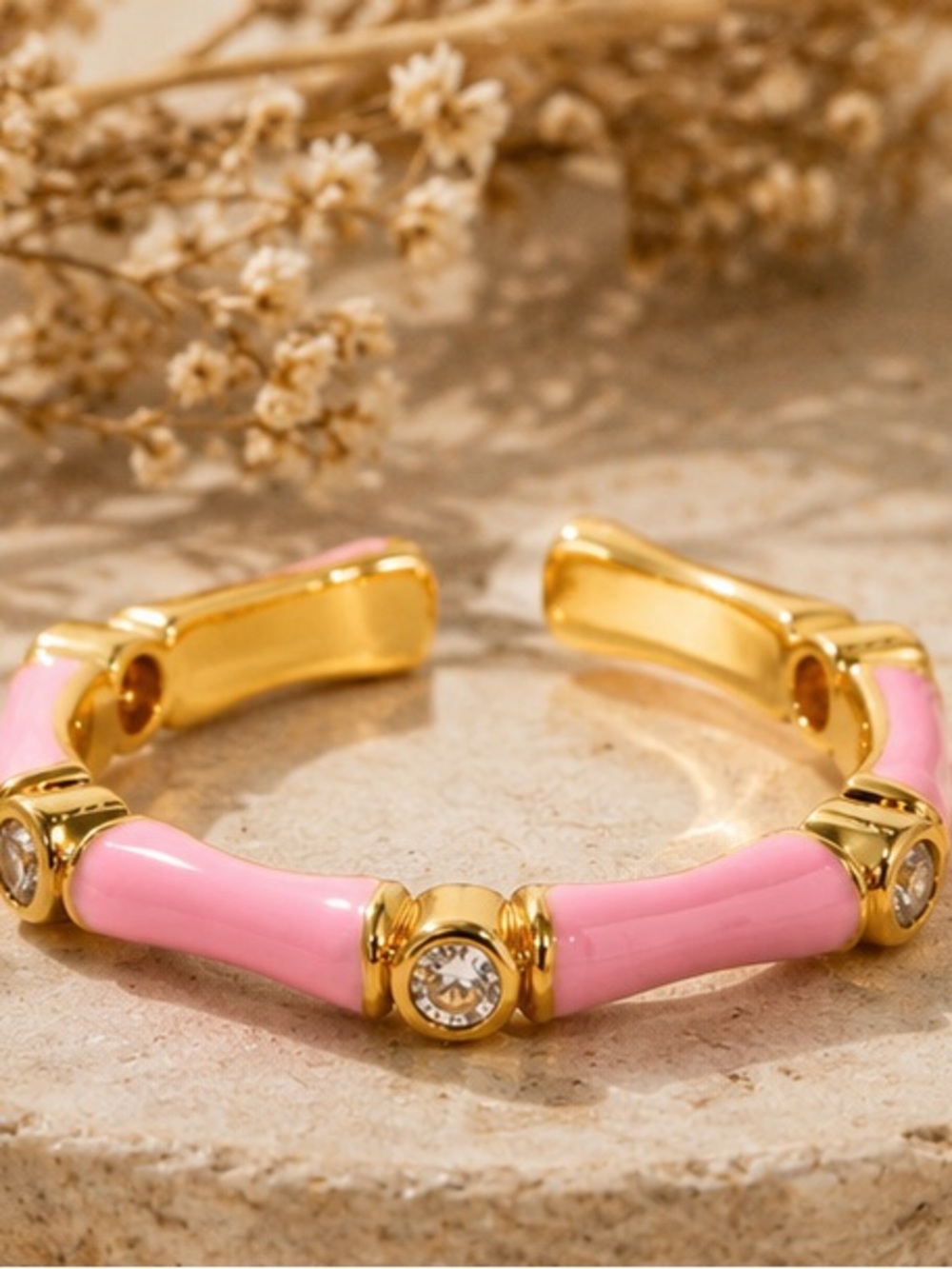🌸Pink Enamel Gold Bamboo Style Open Ring with CZ Accents